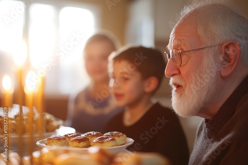 Elderly man celebrates Hanukkah with family, lit menorah photo