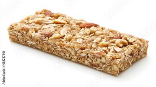 Close-up of protein bar with granola and peanut topping, showing a high-protein treat, isolated on white