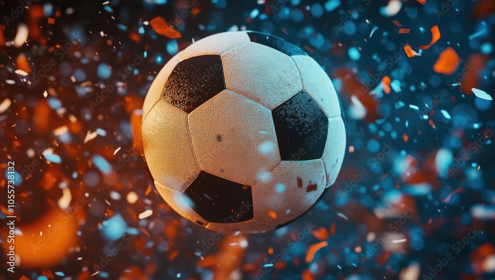 Naklejka premium Soccer Ball Flying in the Air with Stadium Lights and Confetti, High-Quality Football Match Illustration