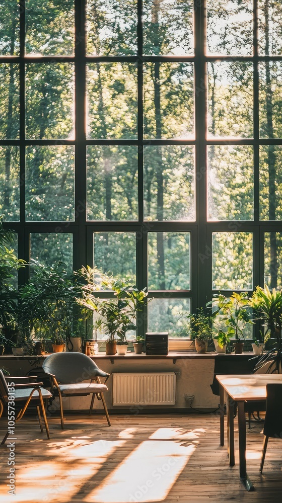 Serene Office with Large Windows and Greenery