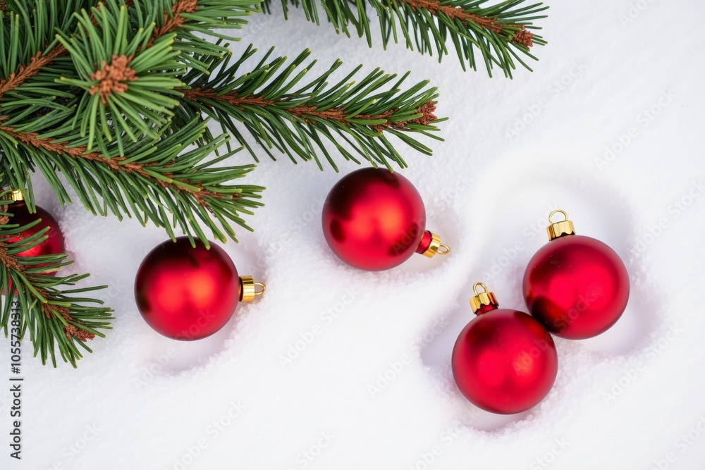 Festive christmas decorations with red ornaments and pine branch on snowy background Festive christmas decorations with red ornaments and pine branch on snowy background