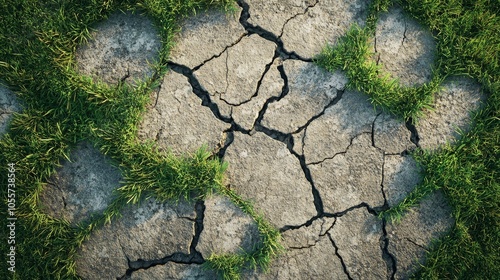 Cracked sidewalk with grass growing through the cracks photo