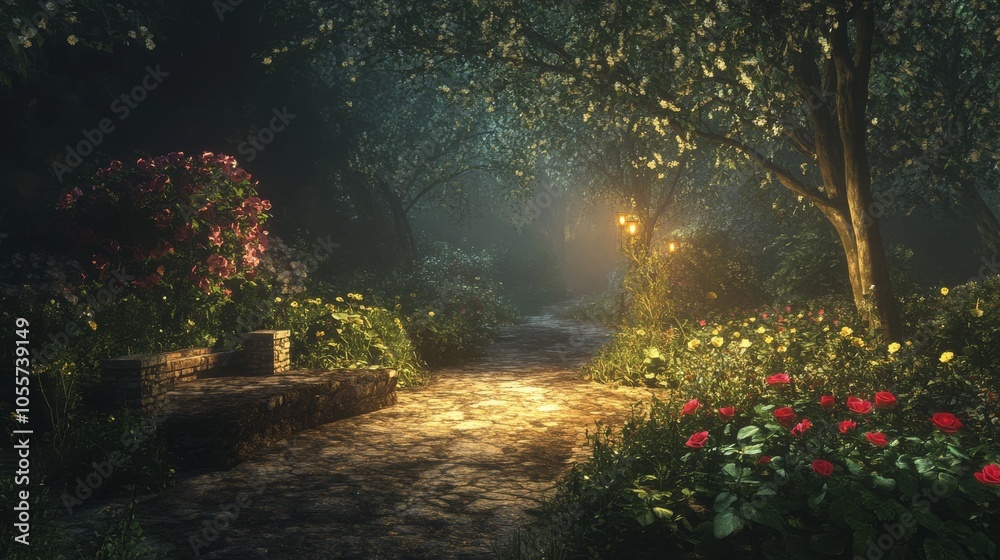 Obraz premium Forest path with a bench and a lamp post