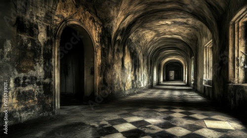 Long, dark hallway with a door in the middle