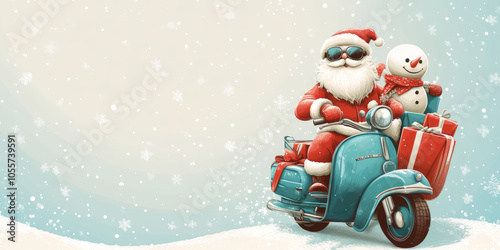 Cute cartoon snowman with Santa Claus wearing a Santa hat, ready for a happy winter holiday,Christmas Concept,Generated By Ai
