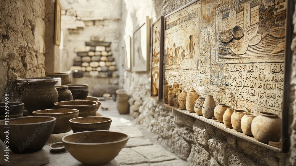 Fototapeta premium Ancient Philistine Artifacts on Display in Historic Setting