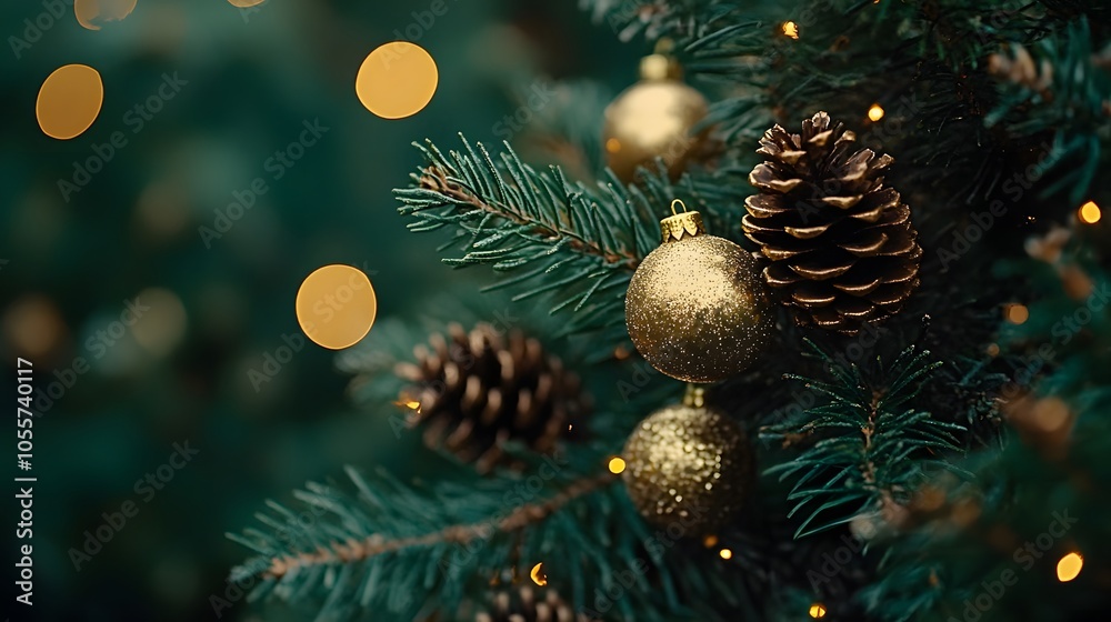 Christmas tree branches adorned with gold baubles and pine cones against dark emerald bokeh background, featuring warm fairy lights and magical holiday atmosphere. Christmas tree branches adorned with gold baubles and pine cones against dark emerald bokeh background, featuring warm fairy lights and magical holiday atmosphere.