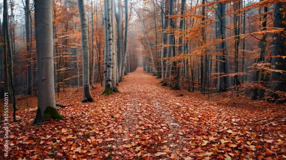 Tranquil Autumn Path Through Serene Forest of Tall Trees with Vibrant Orange and Red Foliage, Where Fallen Leaves Enhance Beauty of Nature Tranquil Autumn Path Through Serene Forest of Tall Trees with Vibrant Orange and Red Foliage, Where Fallen Leaves Enhance Beauty of Nature
