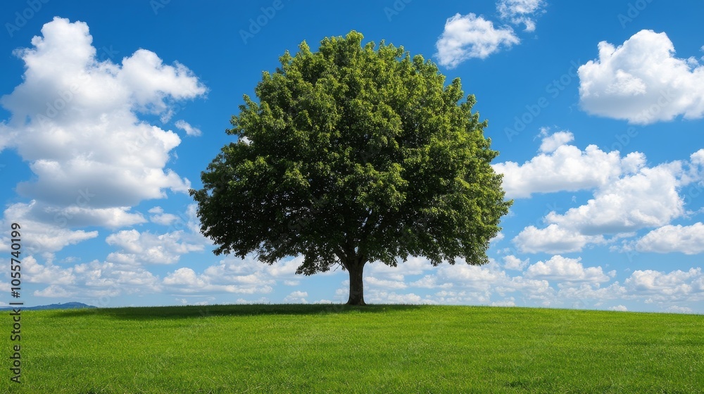 Large tree stands in a lush green field with a clear blue sky above Large tree stands in a lush green field with a clear blue sky above