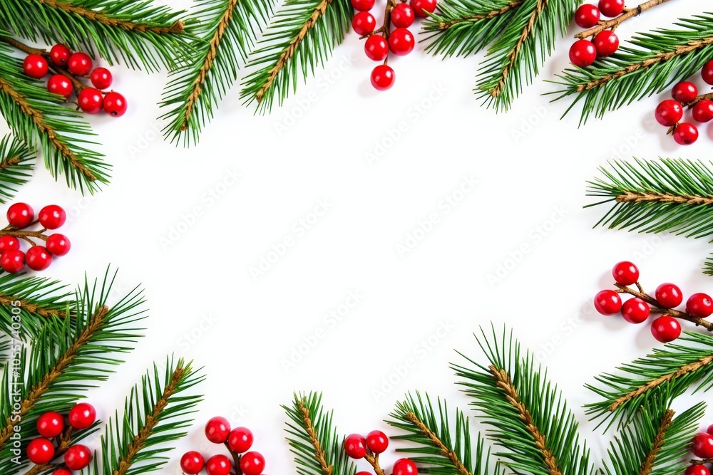 Festive evergreen and red berry frame for holiday greetings and invitations Festive evergreen and red berry frame for holiday greetings and invitations