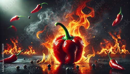 A vibrant red Scotch Bonnet pepper engulfed in fiery flames photo