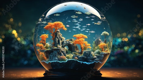 Serene underwater world in a crystal sphere, tranquil atmosphere, vibrant coral reefs with shimmering fish, against a clear aquatic backdrop