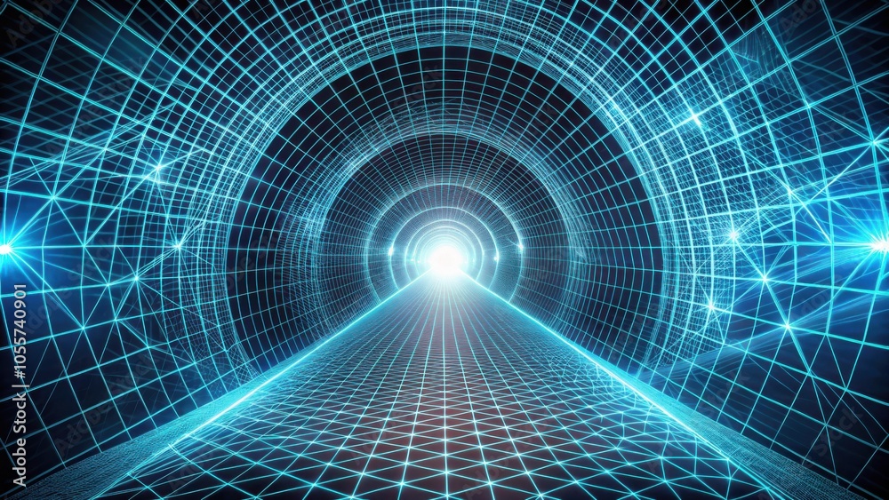 Immersive wireframe mesh tunnel with sense of depth and motion for virtual reality gaming backgrounds Immersive wireframe mesh tunnel with sense of depth and motion for virtual reality gaming backgrounds