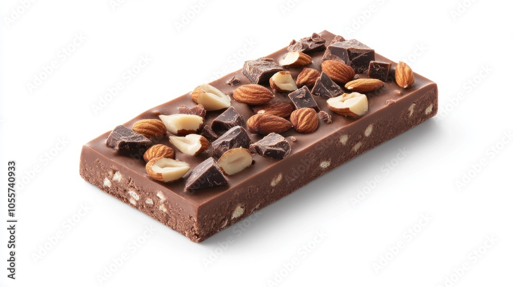 Protein bar with visible chocolate chunks and nut toppings, capturing a delicious treat for fitness lovers, isolated on white Protein bar with visible chocolate chunks and nut toppings, capturing a delicious treat for fitness lovers, isolated on white