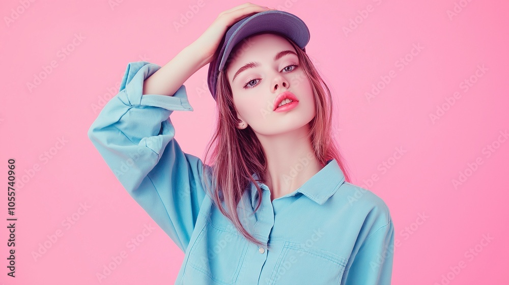cute Child girl arm touch head wear blue stylish clothes isolated on pink color background cute Child girl arm touch head wear blue stylish clothes isolated on pink color background