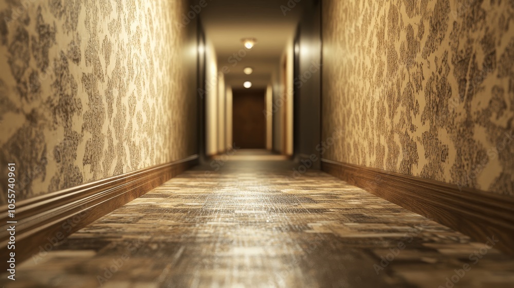 Long hallway with a wooden floor and a wall with a floral wallpaper Long hallway with a wooden floor and a wall with a floral wallpaper