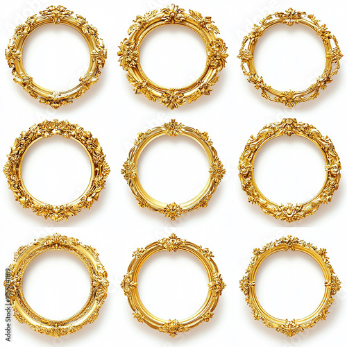 circle and flower shaped gold vintage luxury frames set on white background