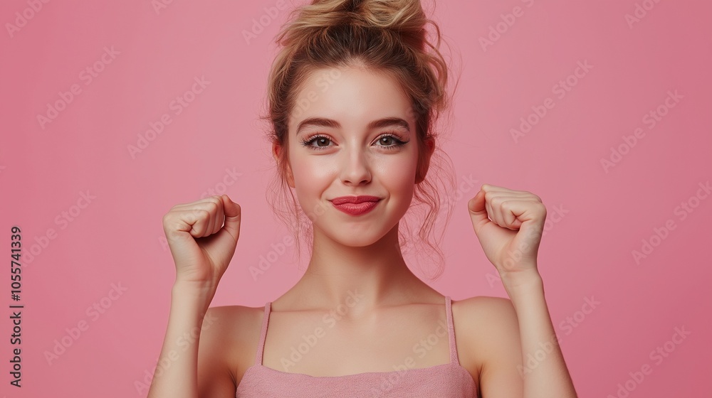 Photo of pretty young woman raise fists isolated on purple color background Photo of pretty young woman raise fists isolated on purple color background