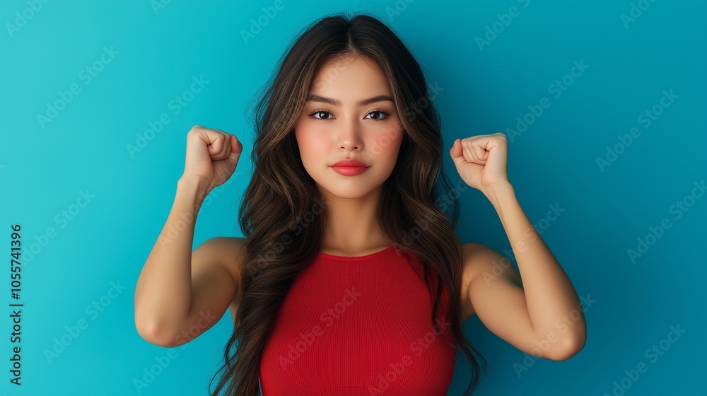 Fototapeta premium Photo of pretty young woman raise fists isolated on blue color background