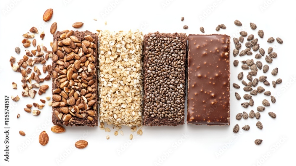 Protein bar with visible seeds, grains, and chocolate layer, perfect for health-conscious consumers, isolated on white Protein bar with visible seeds, grains, and chocolate layer, perfect for health-conscious consumers, isolated on white