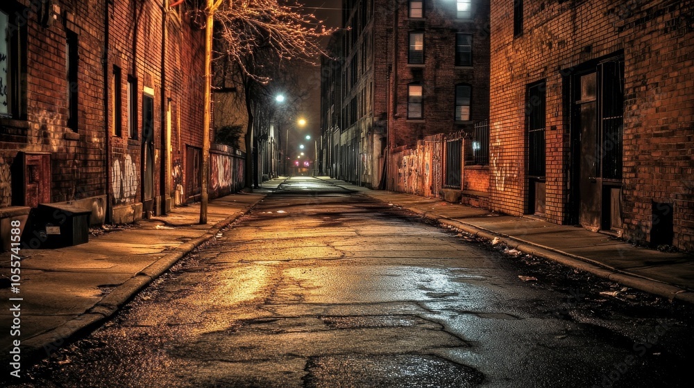 Dark alleyway with graffiti on the walls and a street lamp in the middle Dark alleyway with graffiti on the walls and a street lamp in the middle