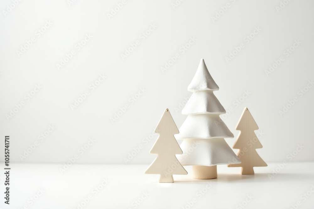 Christmas tree with winter holiday toys on white background in scandi style Christmas tree with winter holiday toys on white background in scandi style