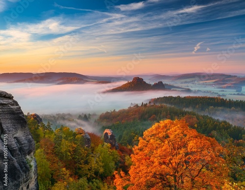 The beautiful autumn forests and sea of clouds sunrise of Singanense of China.