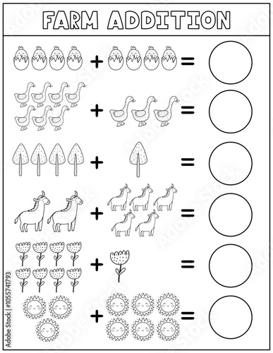 Farm addition black and white worksheet for kids. Math activity page in outline with cute farm characters. Calculate and write the result sheet for school and preschool. Vector illustration
