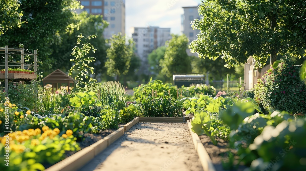 Serene Urban Community Garden in Bright Daylight Serene Urban Community Garden in Bright Daylight