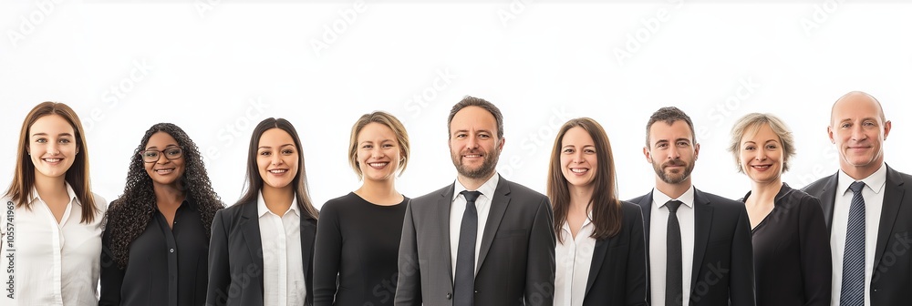 A group of people in suits and ties are posing for a photo. Scene is professional and serious, as everyone is dressed in formal attire