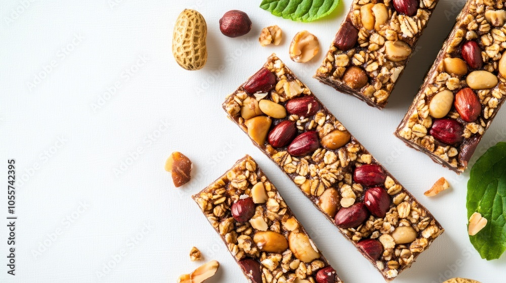 Textured protein bar with peanut toppings and granola, a delicious high-protein snack, isolated on white