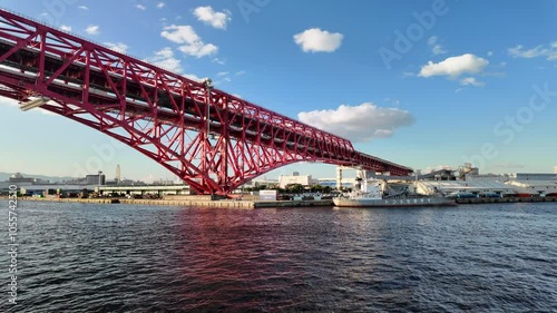 Osaka, Japan; 11 10 2024: Red bridge , Minato Bridge in Osaka.the symbol of Osaka Harbor