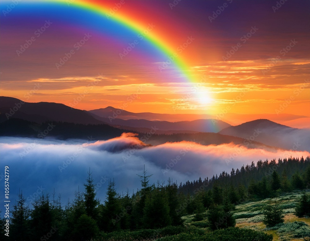 Rainbow over the Mountains. autumn morning in the Carpathians. Nature of Ukraine