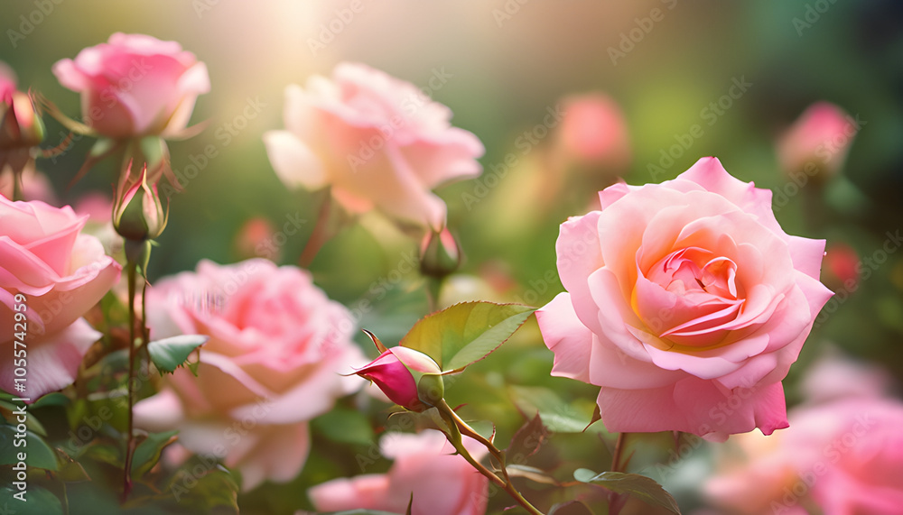 Fototapeta premium Blurred nature background of pink roses in a flower garden, perfect for a gentle and romantic atmosphere.