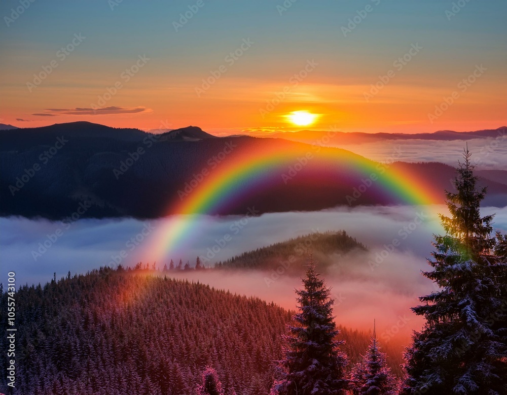 Rainbow over the Mountains. autumn morning in the Carpathians. Nature of Ukraine Rainbow over the Mountains. autumn morning in the Carpathians. Nature of Ukraine