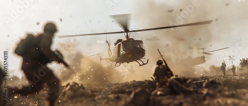 A helicopter lands in a dusty haze as soldiers advance, capturing the tension and focus of a military operation in an arid landscape. photo