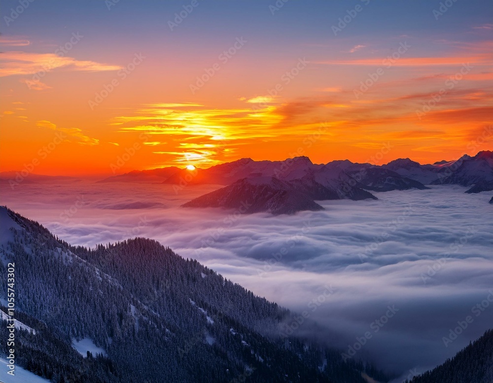 Colorful winter sunrise in the foggy mountains Colorful winter sunrise in the foggy mountains