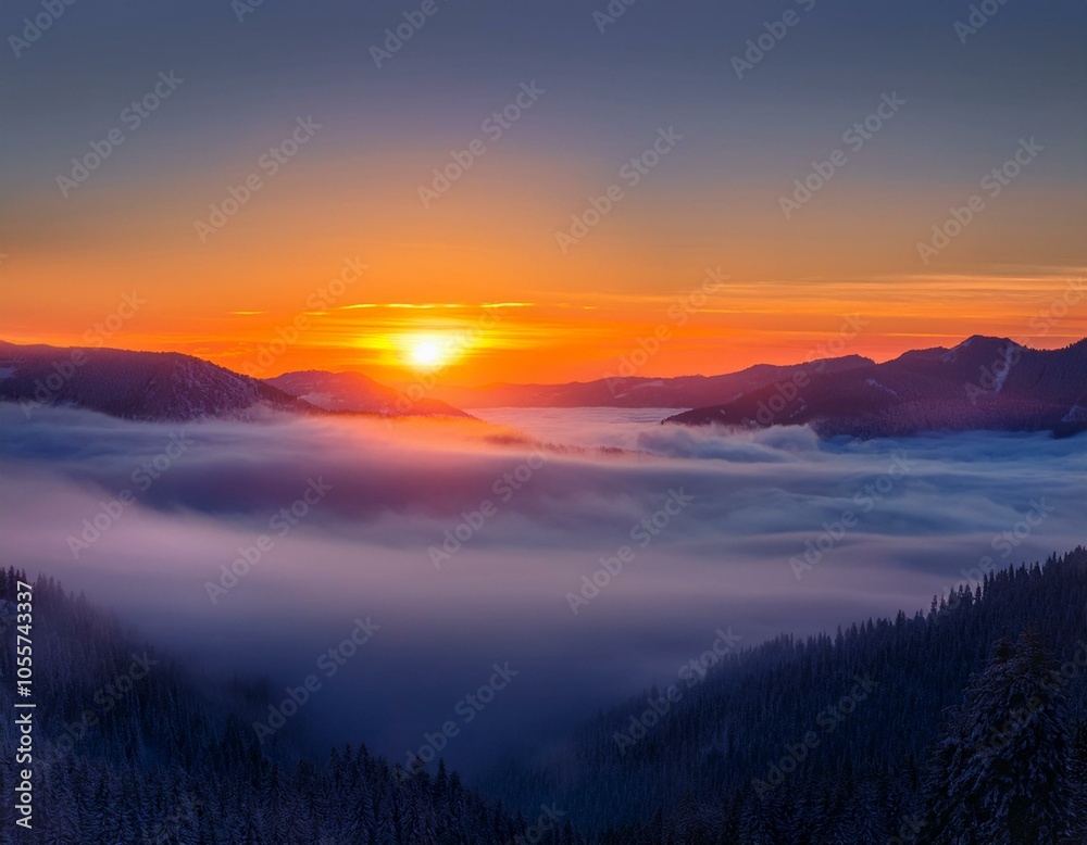 Colorful winter sunrise in the foggy mountains Colorful winter sunrise in the foggy mountains