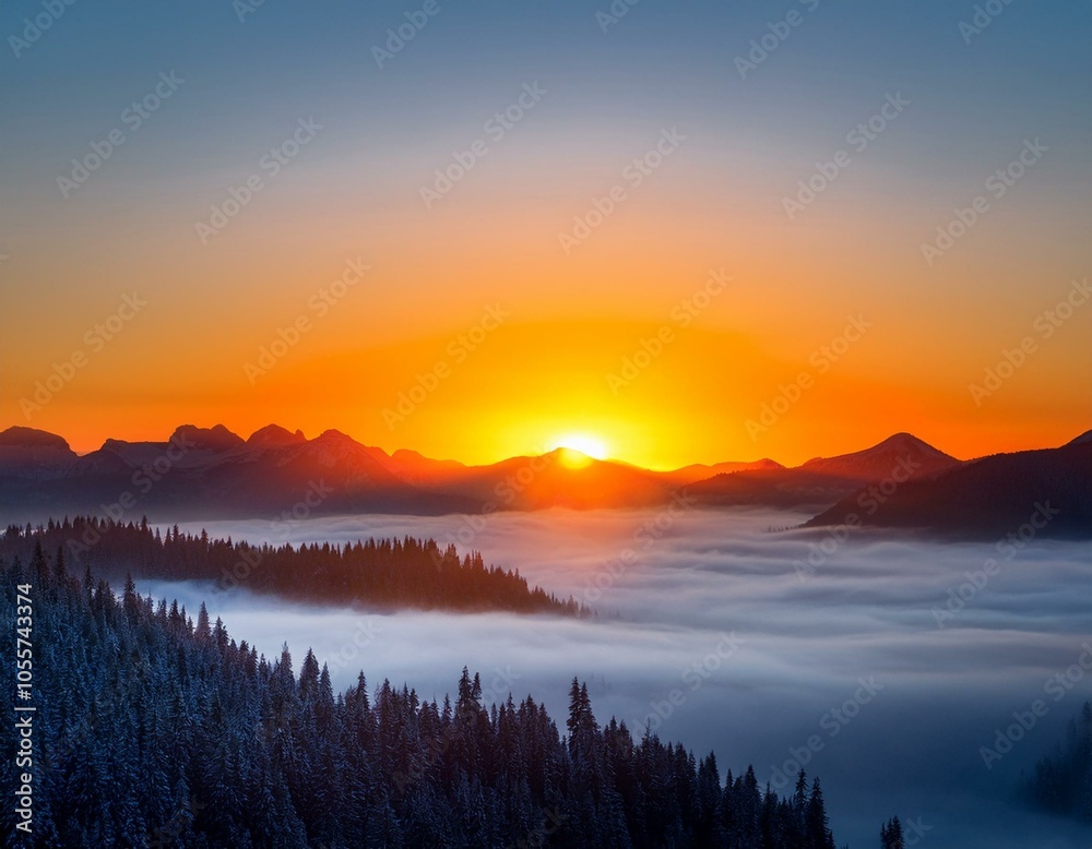 Fototapeta premium Colorful winter sunrise in the foggy mountains