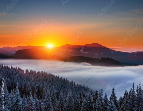 Colorful winter sunrise in the foggy mountains