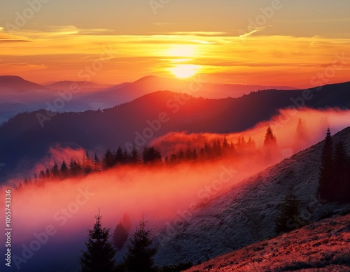 Colorful winter sunrise in the foggy mountains