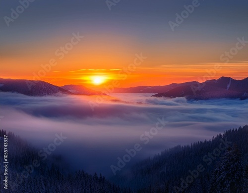 Colorful winter sunrise in the foggy mountains