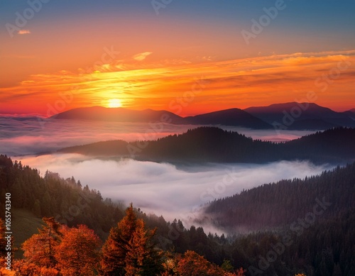 Colorful winter sunrise in the foggy mountains