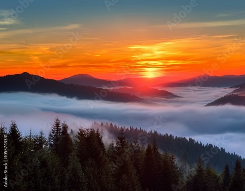 Colorful winter sunrise in the foggy mountains