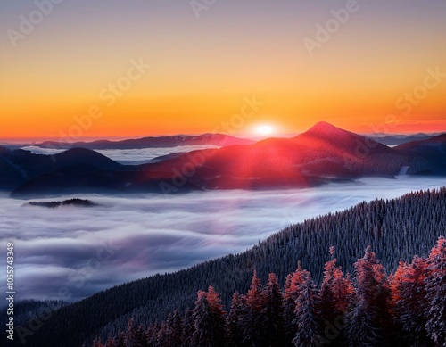 Colorful winter sunrise in the foggy mountains