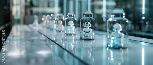 A row of adorable small robots encased in glass jars line up on a metallic surface in a futuristic laboratory, glowing under cool, mysterious lighting.