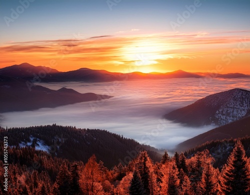 Colorful winter sunrise in the foggy mountains