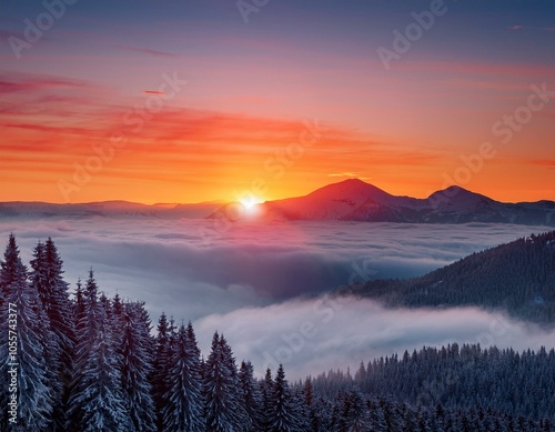Colorful winter sunrise in the foggy mountains