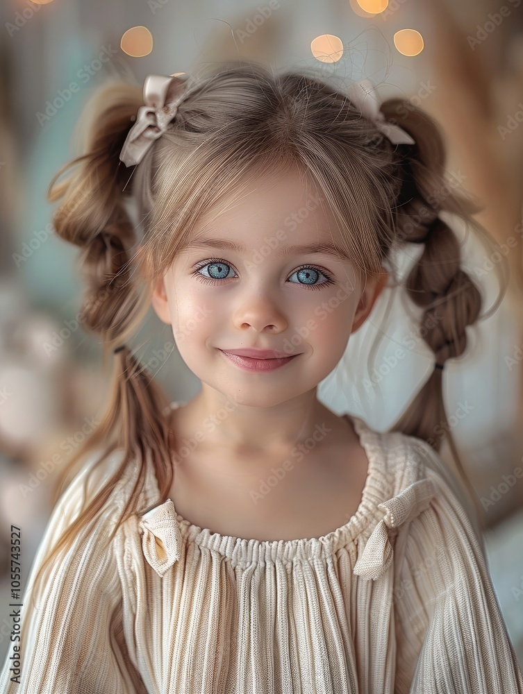 A cute little girl smiling at the camera with ponytails and bows. A cute little girl smiling at the camera with ponytails and bows.
