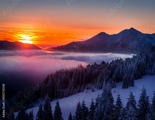 Colorful winter sunrise in the foggy mountains